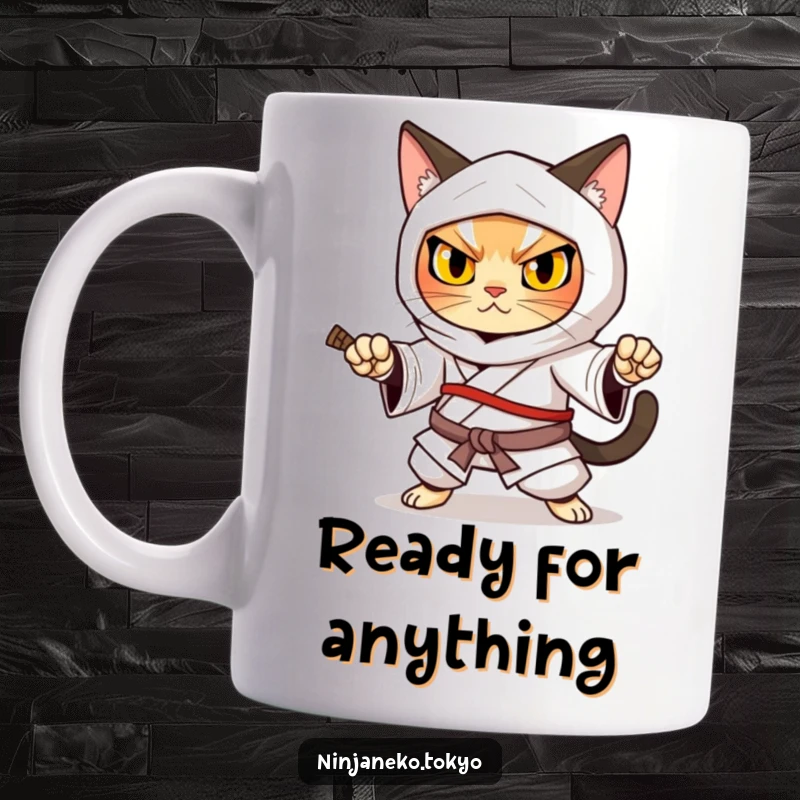 Funny ninja cat in a traditional kimono striking a strong defensive pose with intense eyes, conveying courage on this mug.