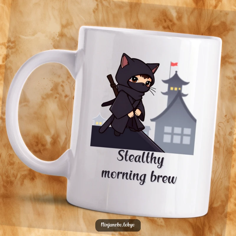 Funny ninja cat in a dark kimono observing from a rooftop silhouette, a stealthy and humorous mug design.