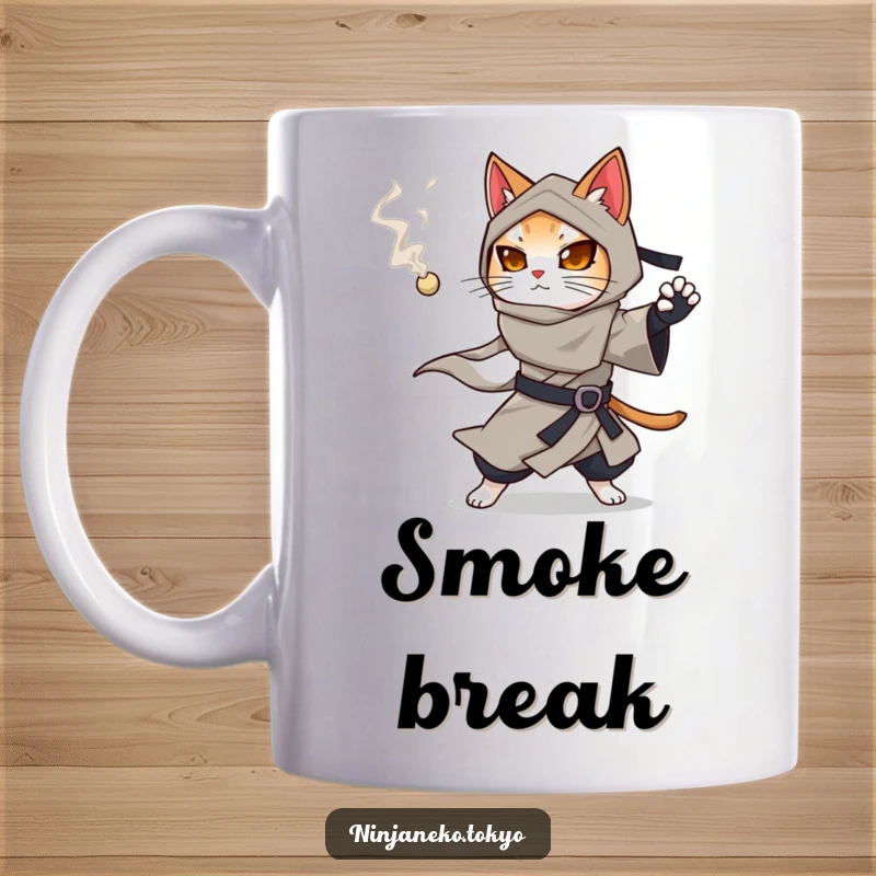 Funny ninja cat in a flowing kimono preparing to throw a smoking pellet, conveying stealth and mischief on this mug.