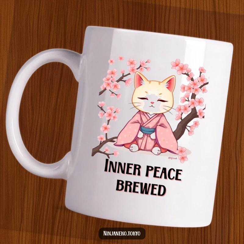 Funny mug featuring a serene cat in an elegant kimono, meditating peacefully amidst blooming cherry blossoms. A picture of calm and humor.