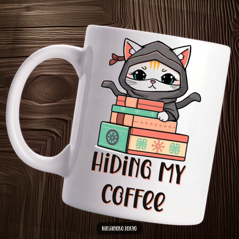 Funny mug featuring a mischievous ninja cat in a ninja outfit, playfully hiding behind a stack of decorative boxes. A humorous peek-a-boo scene.