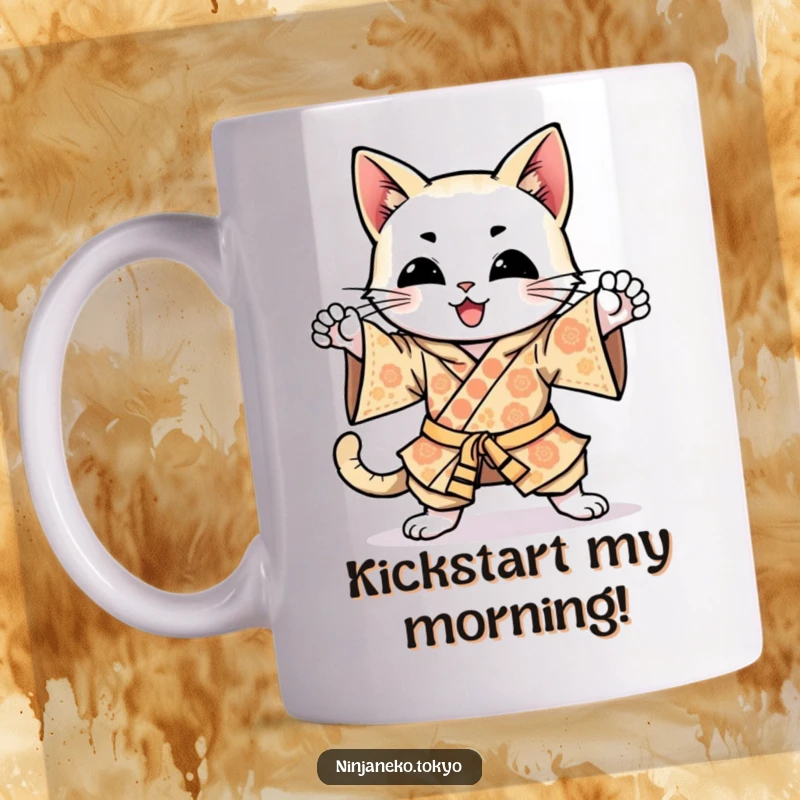 Funny happy cat in a brightly patterned kimono, enthusiastically practicing ninja kicks on this vibrant and humorous mug.