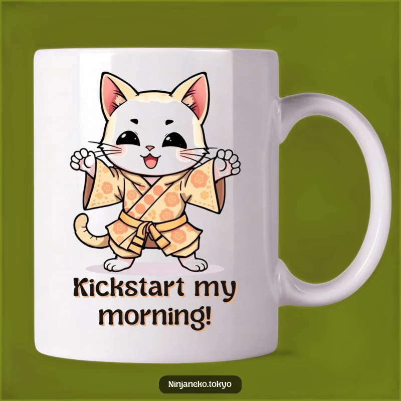 Funny Happy Cat Kimono Mug: Energetic Kicks, Hilarious Gift Idea