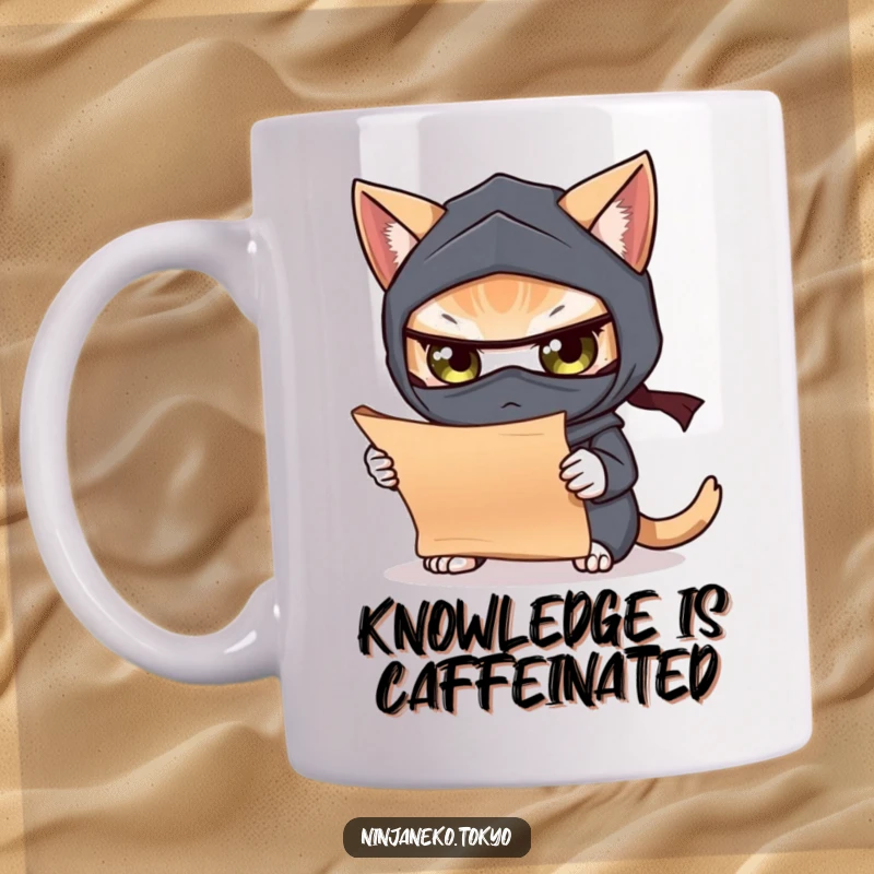 Funny mug featuring a curious ninja cat wearing a mask, intensely examining a miniature scroll with deep concentration. A humorous depiction of focus.