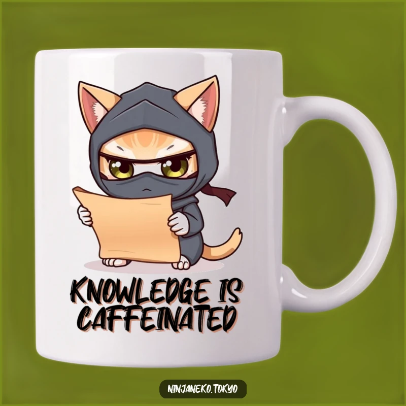 Funny Curious Ninja Cat Scroll Mug: Intriguing Humor for Your Morning Brew