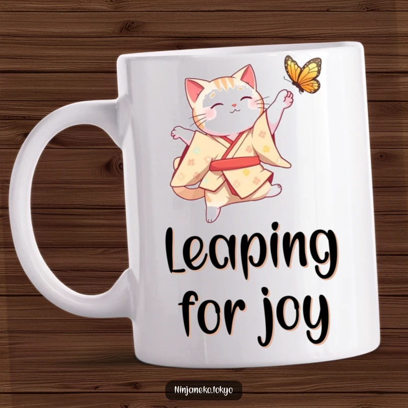 Funny Cat Mug: A cute cat in a traditional kimono gracefully leaps mid-air to catch a fluttering butterfly with playful determination.