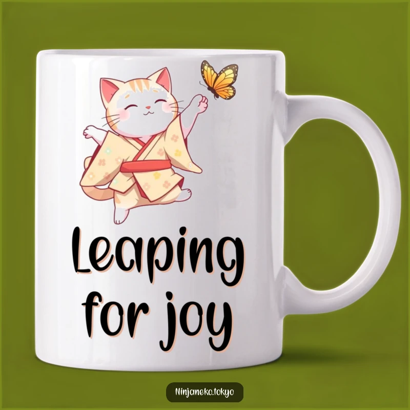 Funny Cat Kimono Leap Mug: Graceful and Hilarious Gift for Butterfly Lovers