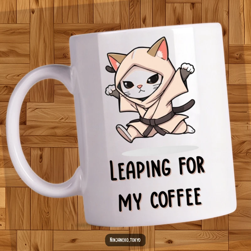 Funny mug showing a ninja cat in a stealthy kimono performing a graceful, silent leap, embodying agility and humor.