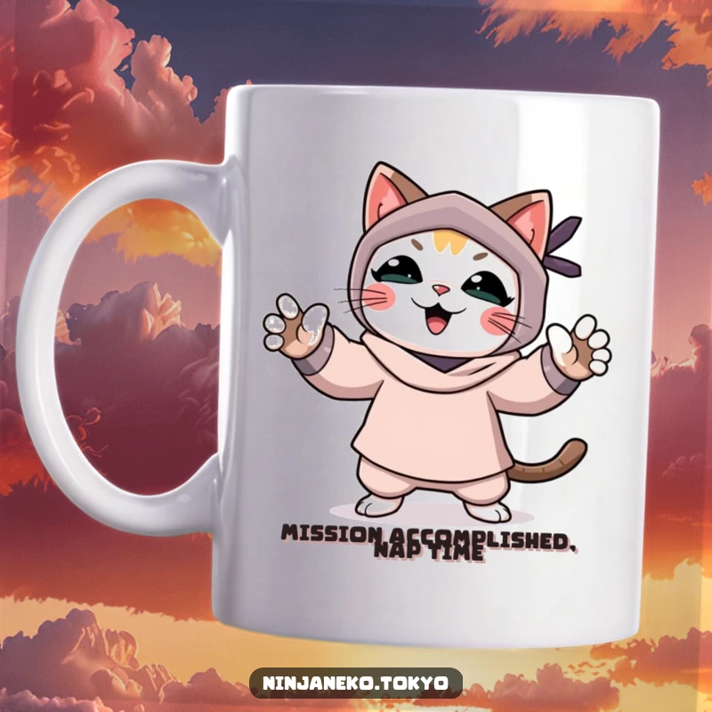 Funny mug featuring a joyful ninja cat with paws up, celebrating a completed pretend mission with a playful, stealthy attitude.