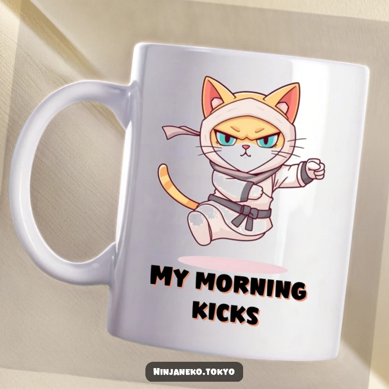 Funny mug featuring a determined ninja cat mid-swift kick, showcasing feline agility and humor. A perfect gift for cat enthusiasts.