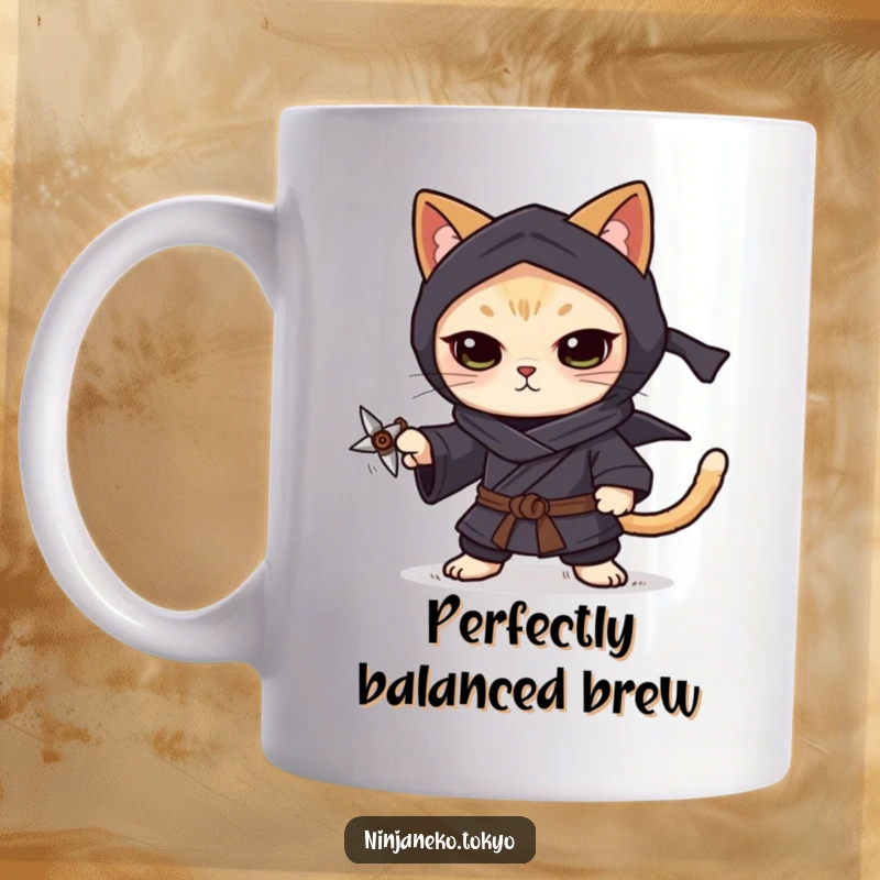 Funny focused ninja cat in a dark kimono, balancing a tiny shuriken on its paw, showcasing intense concentration on this mug.
