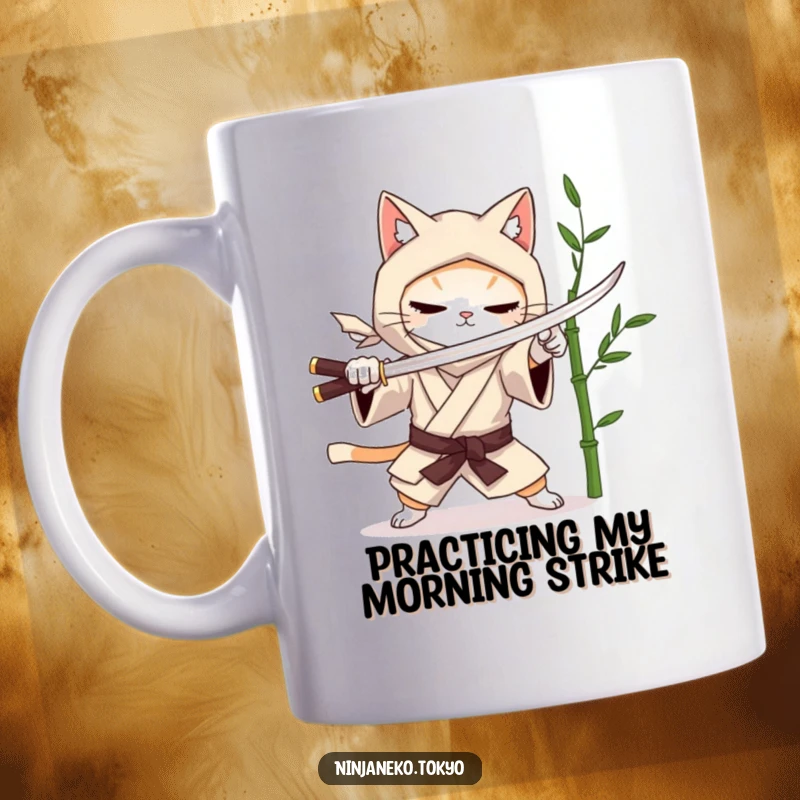 Funny mug depicting a ninja cat in a kimono practicing sword fighting with a bamboo stalk, showing focus and humor. Ideal funny gift.