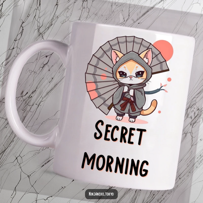 Funny Mug: A ninja cat in a kimono playfully peeks from behind a large Japanese fan, embodying stealthy humor and feline mischief.