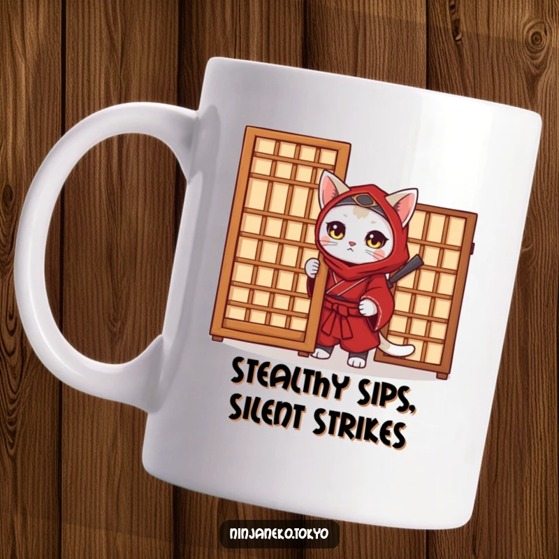 Funny Ninja Cat Mug: A red kimono-clad cat peeks stealthily from behind a screen, a humorous and cute gift idea.