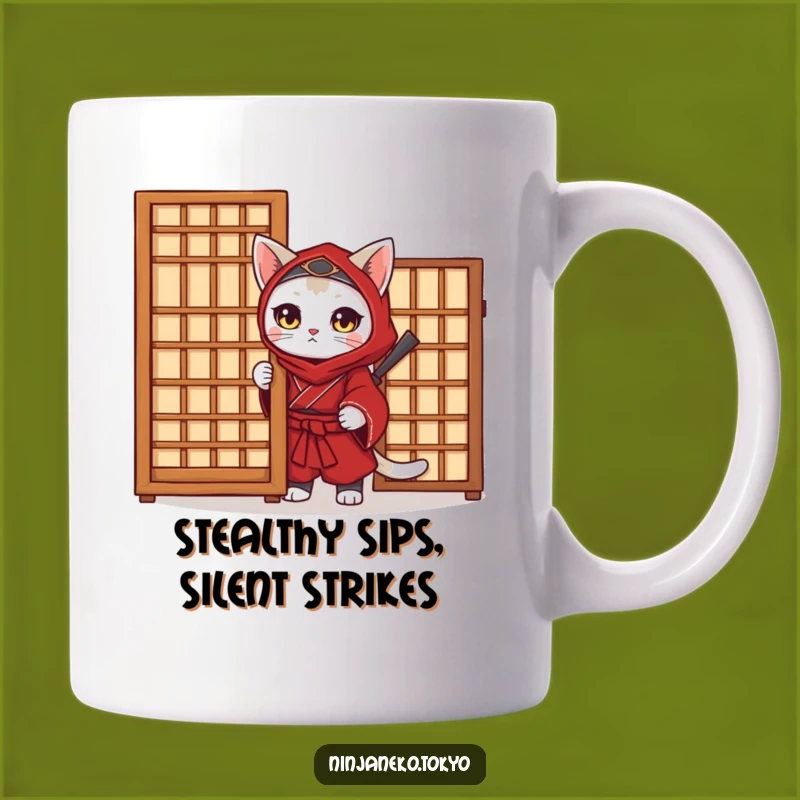 Funny Ninja Cat Mug - Red Kimono Warrior Peek Gift for Cat Lovers