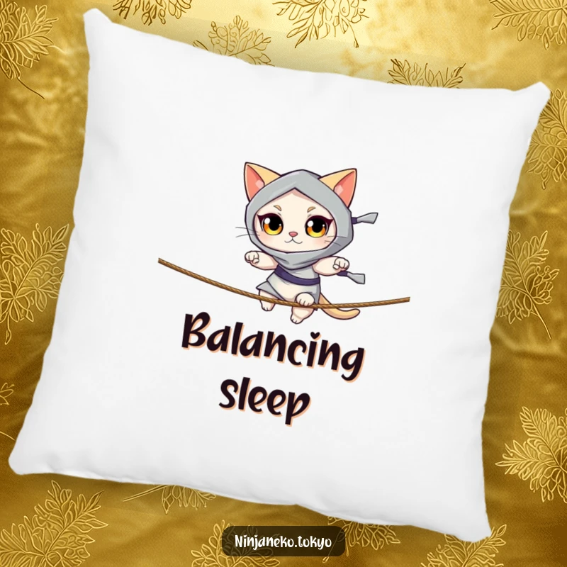 Funny pillow featuring a ninja cat with alert eyes balancing on a thin rope, providing comfort and humor. Great funny gift.