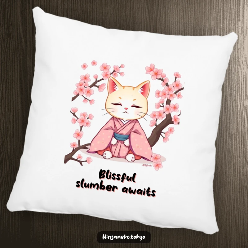 Funny pillow featuring a meditating cat in a kimono surrounded by cherry blossoms, bringing comfort and a sense of peace to any space.