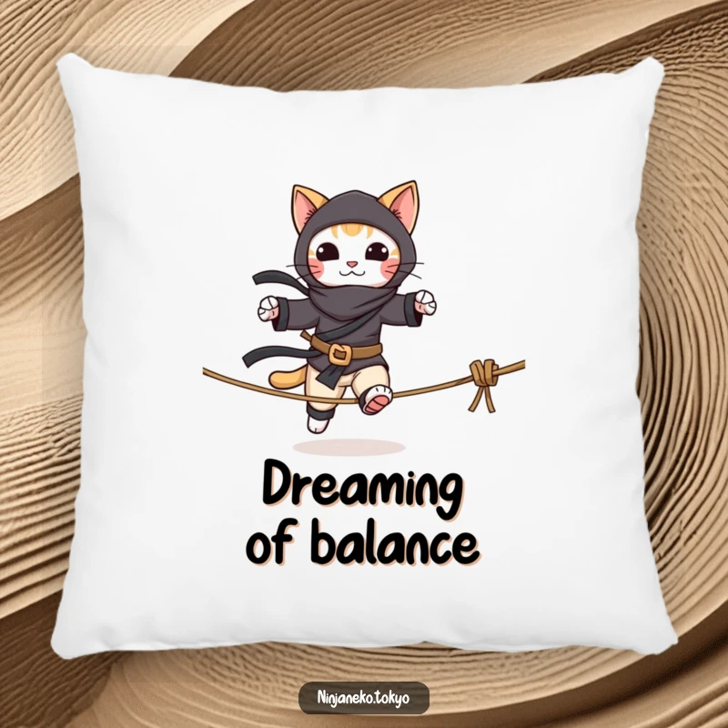 Funny pillow featuring a ninja cat balancing on a tightrope, bringing comfort and a touch of playful danger to any space.