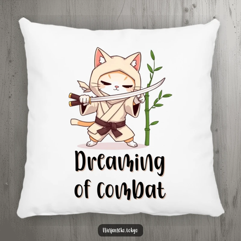 Funny pillow featuring a ninja cat in a kimono mock sword fighting with a bamboo stalk, providing comfort and humor. Great funny gift.