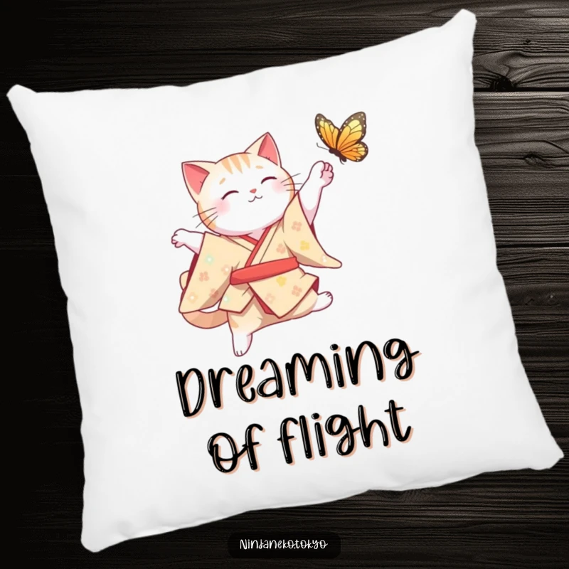 Funny Cat Pillow: A plush pillow featuring a graceful cat in a traditional kimono leaping mid-air for a butterfly, offering comfort and humor.