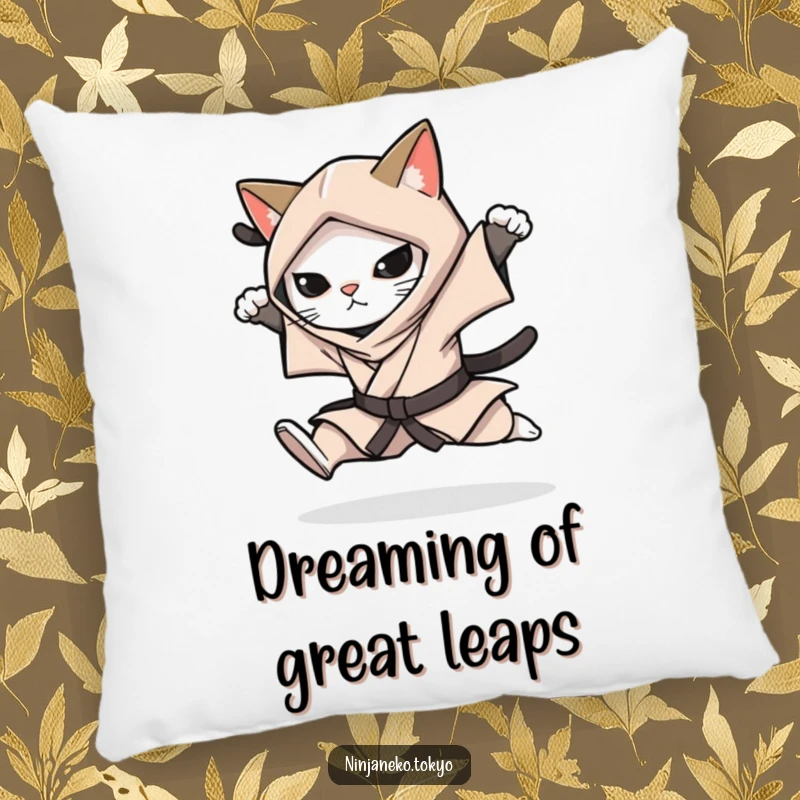 Funny pillow featuring a ninja cat in a stealthy kimono performing a silent leap, offering comfort with a thrill.