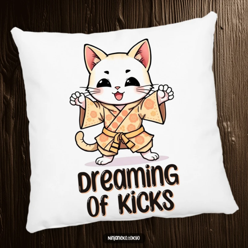 Funny happy cat in a kimono, practicing ninja kicks, providing comfort and humor on this decorative pillow.