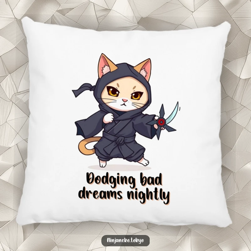 Funny pillow featuring a ninja cat in a dark kimono gracefully dodging an imaginary shuriken, providing comfort and charm.