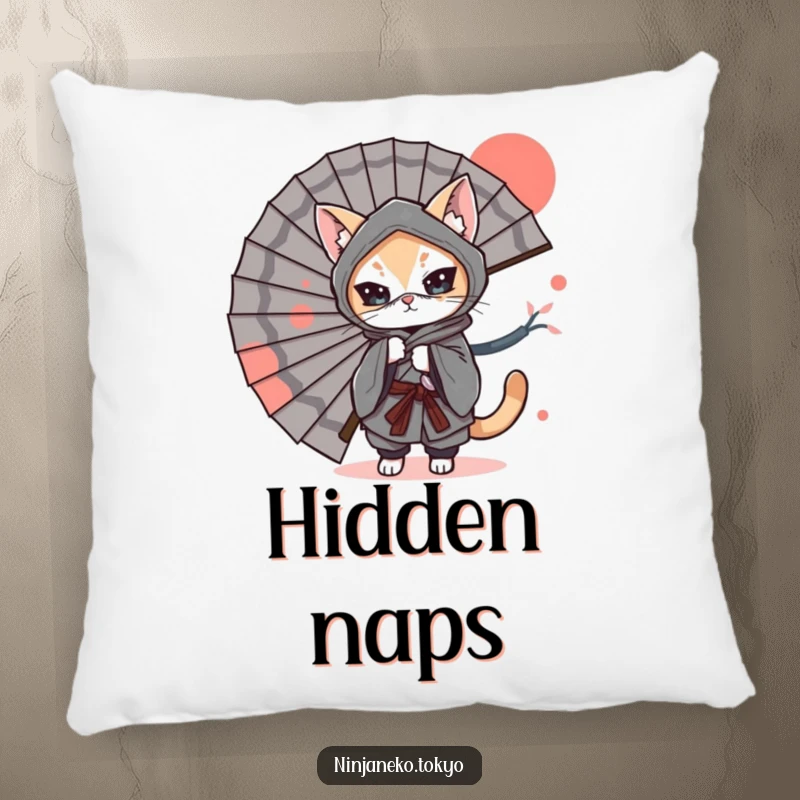 Funny Pillow: A ninja cat in a kimono playfully hides behind a large Japanese fan, providing soft, humorous, and mysterious decor.