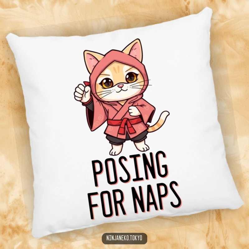 Funny ninja cat in a festive kimono in a confident pose with one paw raised, adding festive charm to this pillow.