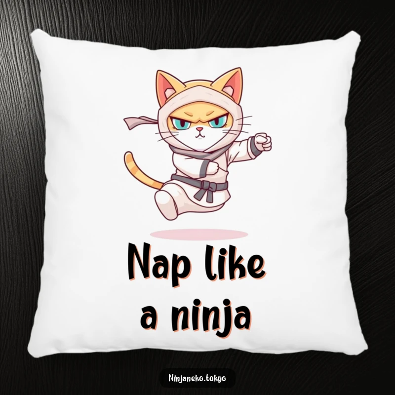 Funny pillow featuring a determined ninja cat executing a powerful kick, offering comfort and a humorous design. Ideal for relaxation.