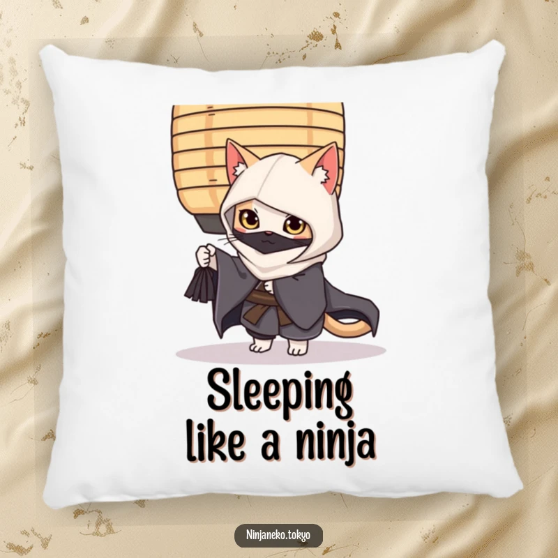 Funny ninja cat wearing a kimono, peeking from behind a paper lantern, offering comfy, humorous charm on this decorative pillow.