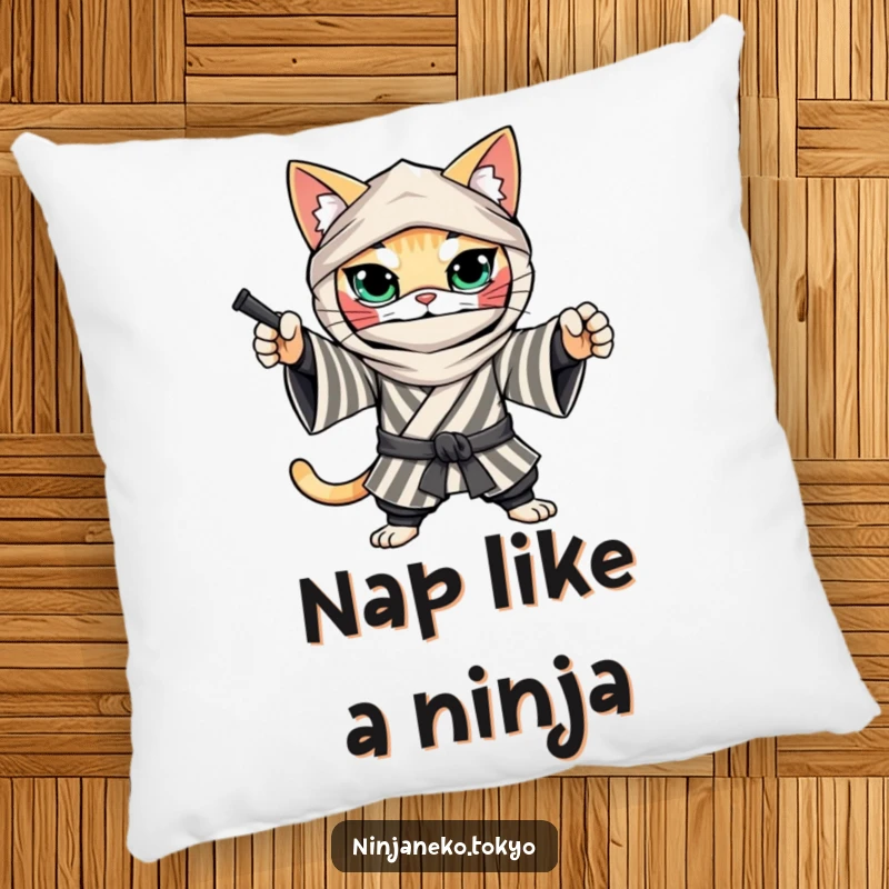 Funny Ninja Cat Pillow: A plush pillow featuring a determined cat in a striped kimono striking a ninja pose, offering comfort and humor.