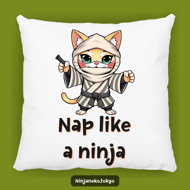 Funny Ninja Cat Kimono Pillow: Plush Comfort with Determined Humor Gift