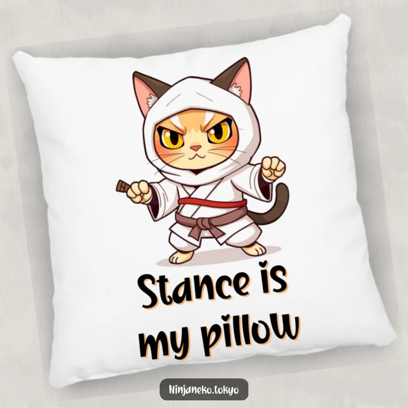 Funny ninja cat in a traditional kimono in a determined defensive stance, adding fierce humor to this pillow.
