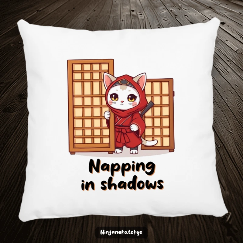 Funny Ninja Cat Pillow: A soft cushion featuring a ninja cat in a red kimono peeking from behind a screen, a humorous and cozy decor item.