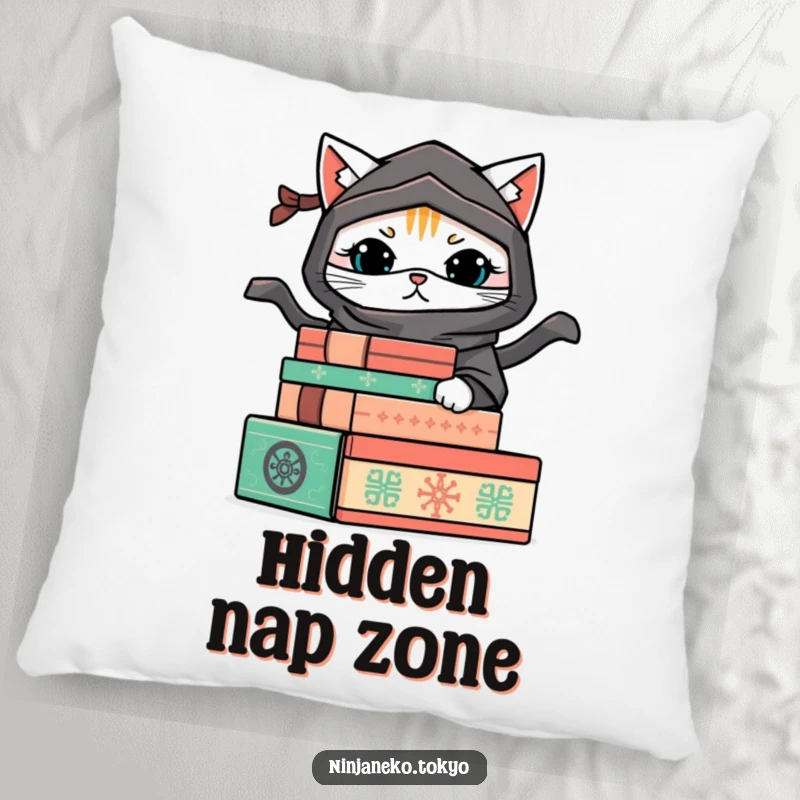 Funny pillow featuring a ninja cat hiding behind decorative boxes, bringing comfort and a sense of playful mischief to any space.