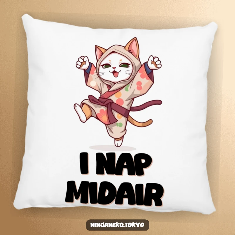 Funny ninja cat in a vibrant kimono performing a playful somersault, adorning this soft and humorous pillow.