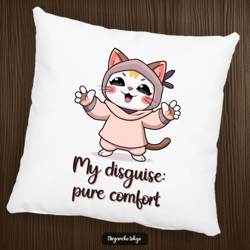 Funny pillow featuring a triumphant ninja cat with paws up, celebrating a successful pretend mission, perfect for cozy vibes.