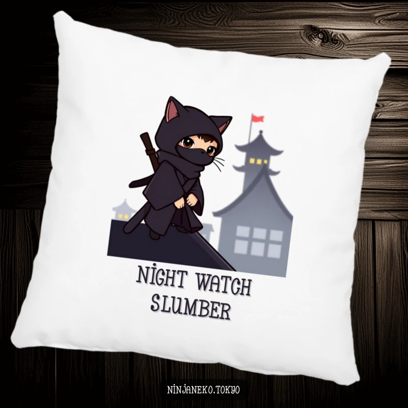Funny ninja cat in a dark kimono on a rooftop silhouette, on a soft pillow, offering stealthy comfort and humor.