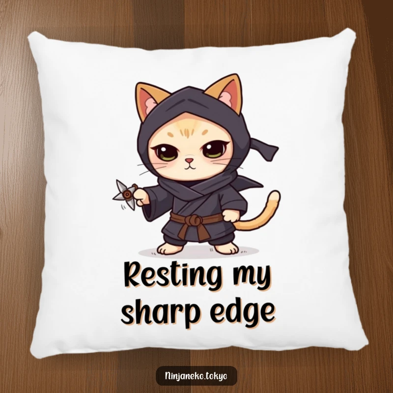 Funny ninja cat in a dark kimono, balancing a tiny shuriken on its paw, offering focused comfort and humor on this pillow.