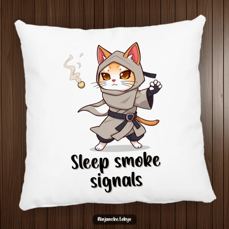 Funny ninja cat in a flowing kimono with a smoking pellet, adding mysterious flair to this humorous pillow.