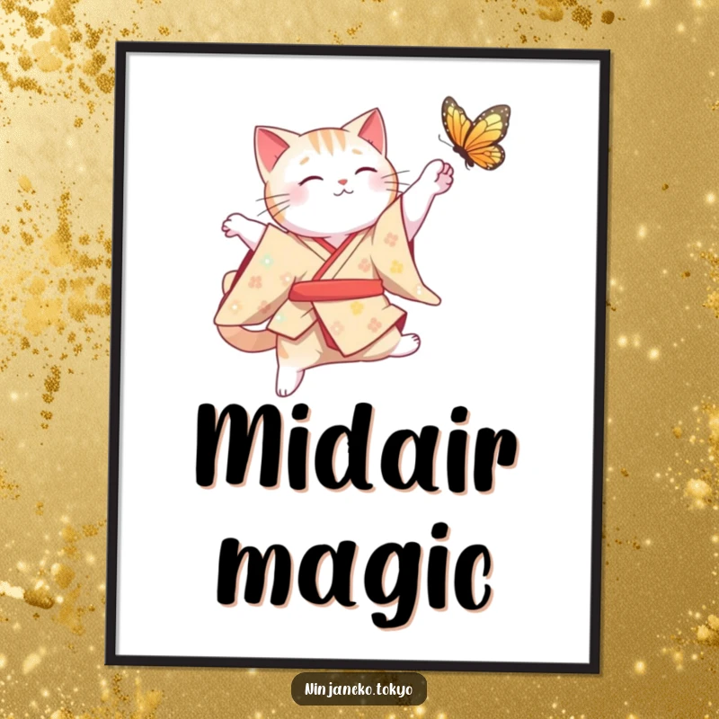 Funny Cat Digital Art Print: A graceful cat in a traditional kimono leaps mid-air for a butterfly, capturing elegant and animated humor.