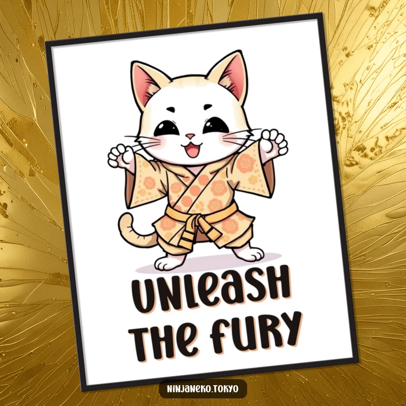 Funny happy cat in a brightly patterned kimono, enthusiastically practicing ninja kicks, presented as downloadable digital art.