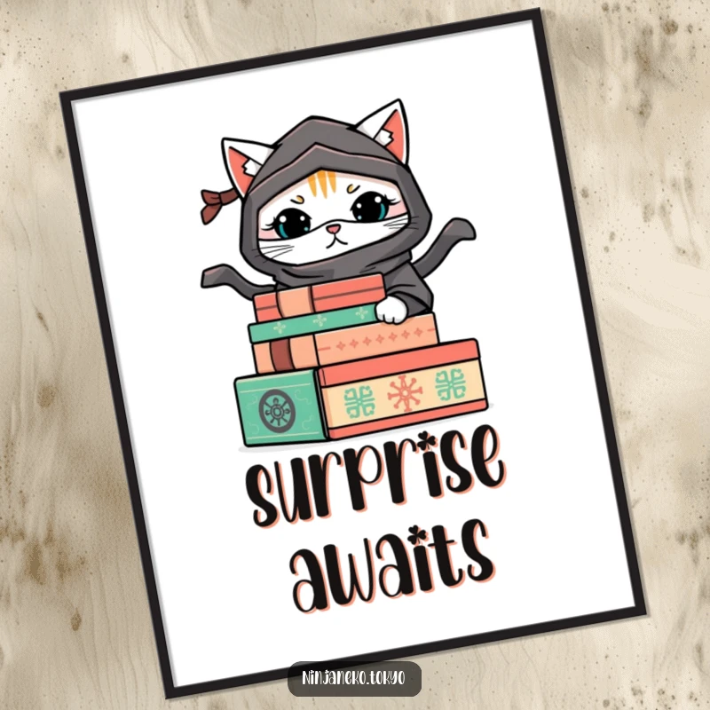 Funny digital art print of a mischievous ninja cat hiding behind decorative boxes, ready to bring playful humor to any room.