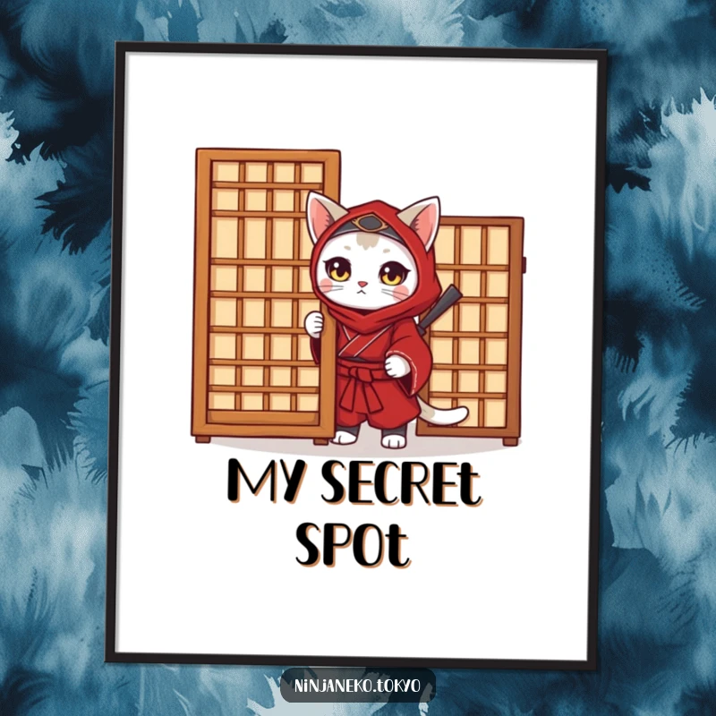 Funny Ninja Cat Digital Art Print: A ninja cat in a red kimono peeks from behind a screen, offering instant humorous wall decor.