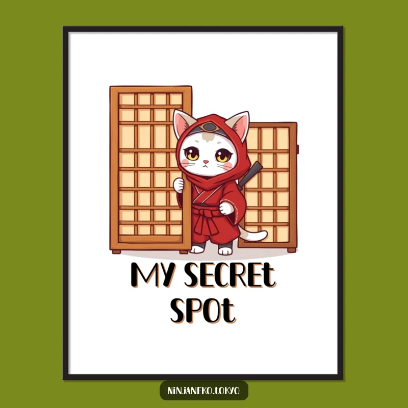 Funny Ninja Cat Digital Art Print - Red Kimono Wall Decor, Instant Gift