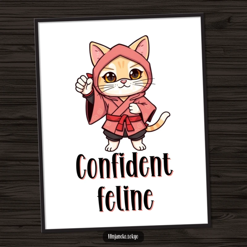 Funny ninja cat in a festive kimono striking a confident pose with one paw raised, conveying celebration on this digital art print.