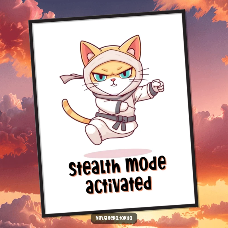 Funny digital art print of a ninja cat mid-swift kick, showcasing feline power and humor in high resolution. Perfect art gift.