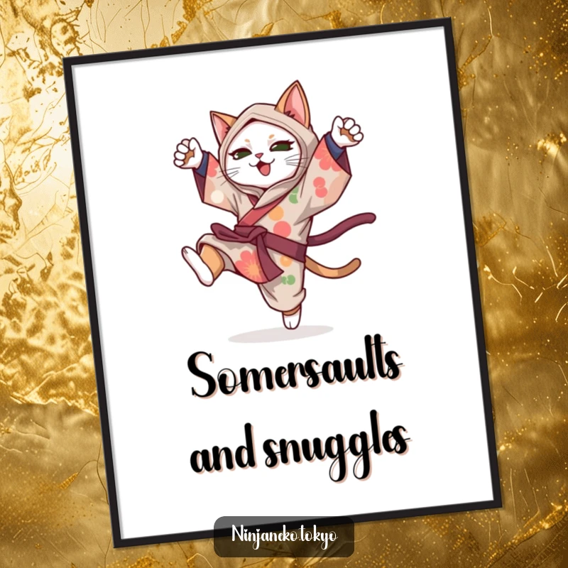 Funny ninja cat in a vibrant kimono executing a playful somersault, a dynamic and humorous digital art print.