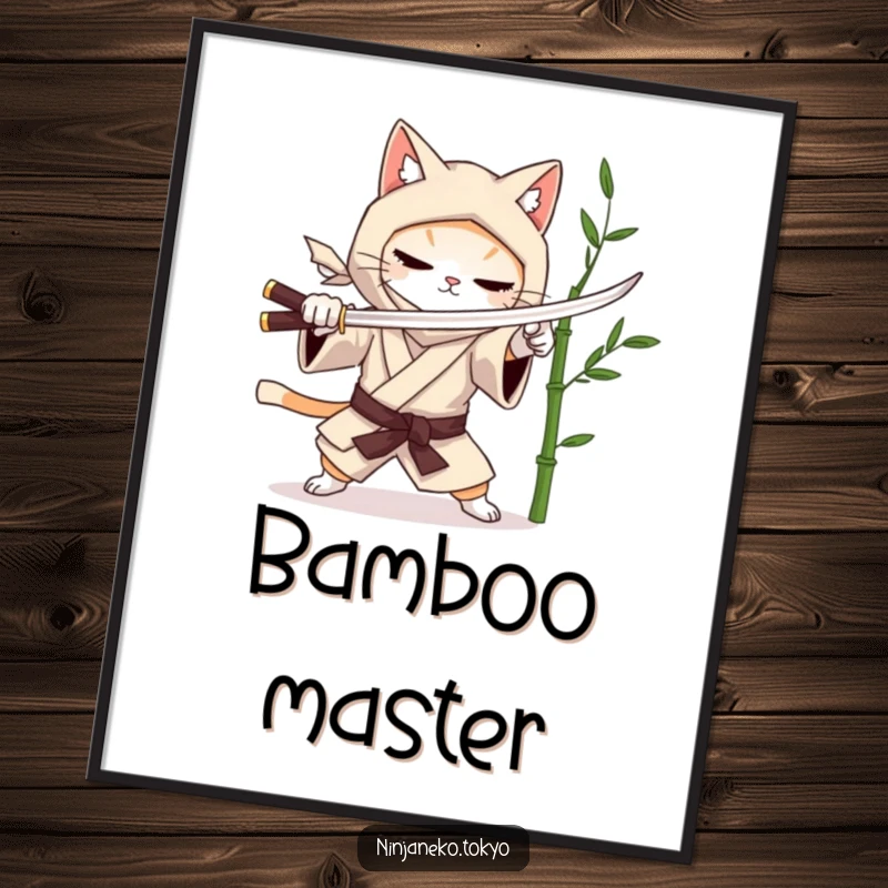 Funny digital art print of a ninja cat in a kimono mock fighting a bamboo stalk, showcasing artistic humor. Perfect art gift.